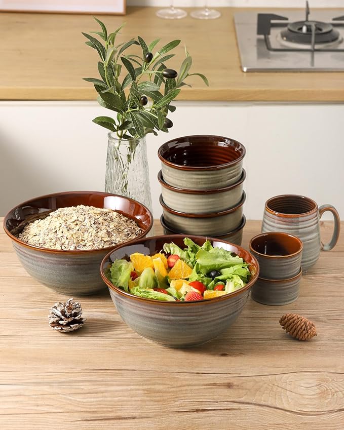 Hasense Serving Bowls, 84 Ounce Ceramic Serving Dishes for Salad Pasta Soup Pho, 9 Inch Mixing Bowls for Baking, Cooking, Kitchen, Party,Dinner, Microwave Dishwasher Safe, Set of 2, Light Grey