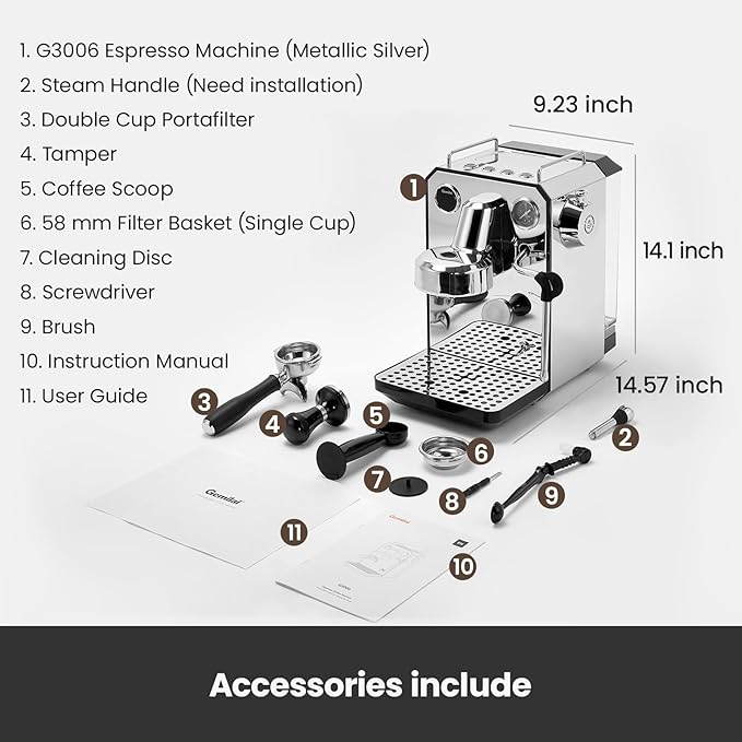 Gemilai Owl Espresso Machine, 15 Bar Professional Semi-Automatic Espresso Maker with Milk Frother Steam Wand & 57oz Removable Water Tank, Dual Display, for Cappuccino, Latte, G3006, Stainless Steel