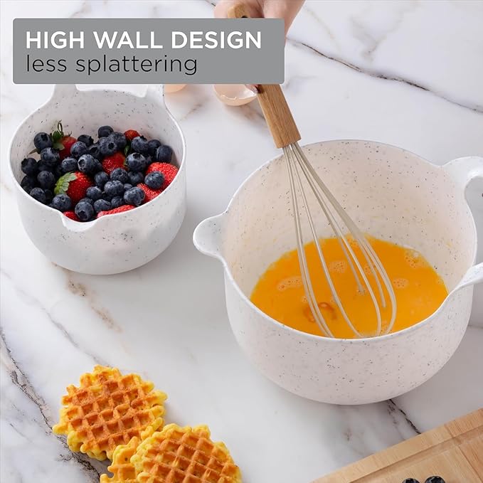 COOK WITH COLOR Nesting Plastic Mixing Bowl Set with Pour Spouts and Handles and Non Slip Bottom, Speckled White, 4 Piece