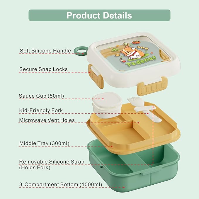 Bento Box for Kids & Adults – Cute Cartoon 2-Layer Lunch Box with Fork, Sauce Cup & Brush, BPA-Free, 3-Compartment Square Snack Container with Handle for School, Office, or Travel (Green)