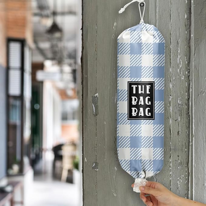 Plastic Bag Holder,Reusable And Washable Grocery Bag organizer,for Home Kitchen Travelling Camping Decor, use 1 Pack, Blue And White Checkered Pattern
