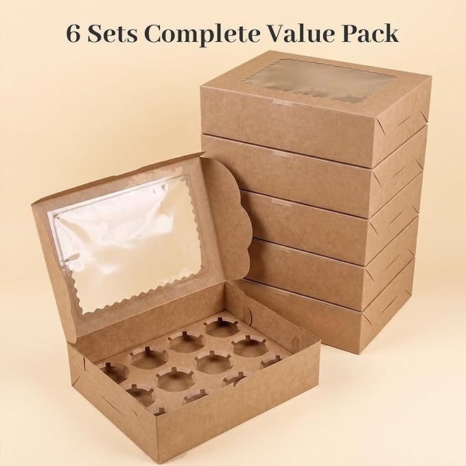 VGOODALL 6PCS Kraft Cupcake Containers, 12 Count with Window Boxes Holding 72 Pastry Box for Birthday Holiday Party Bakery Supplies