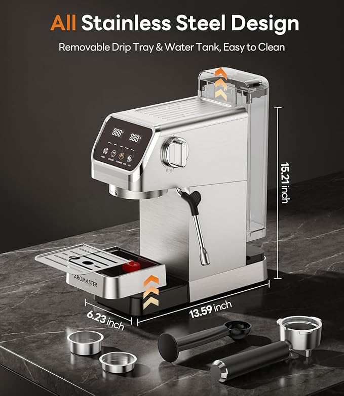 Aromaster Espresso Machine 20 Bar with Milk Frother, Easy to Use Compact Espresso Maker with Touchscreen, Fast Heat 1400W for Latte & Cappuccino, Stainless Steel Coffee Machine for Home & Office