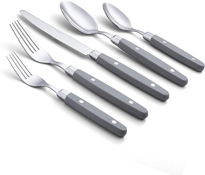 ANNOVA Silverware Set, Retro/Rivet Colorful Stainless Steel Tableware Kitchen Flatware Set Utensils, Includes Dinner Knives, Forks, Spoons, Salad Forks & Dessert Spoons (Gray, 20 Pieces)