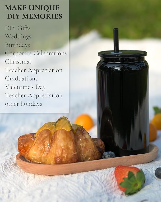 Glass Cups with Lids and Straws, 16oz Stainless Steels Cups, Beer Cups, Iced Coffee Cup, Smoothie Cup, Sublimation Tumbler, Black (Smooth Polished Finish, Sublimatable)