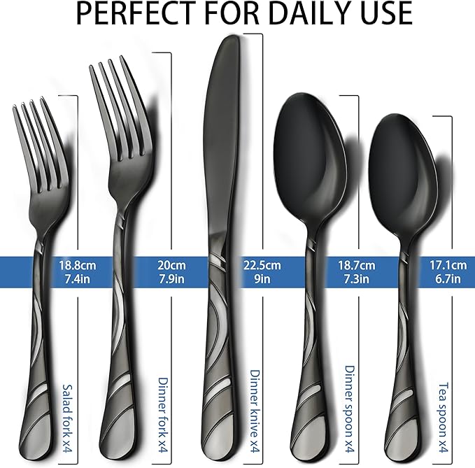 Black Silverware Set for 4, 18/0 Stainless Steel Frosted & Mirror Finish 20-Piece Flatware Set, Modern Cutlery Set for Wedding Restaurant Housewarming Party Event Serving For 4