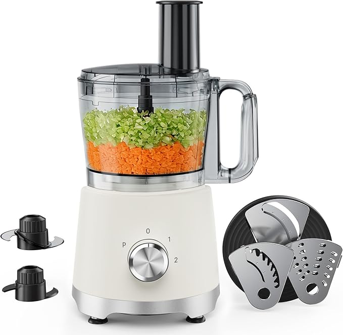 OLIXIS Food Processor 10.5 Cup, Vegetable Choppers with Slicing Shredding Chopping Kneading, Dishwasher Safe, Food Grinder, Stainless Steel Blades, for Smoothie Fruit Dough, 2.6QT, White