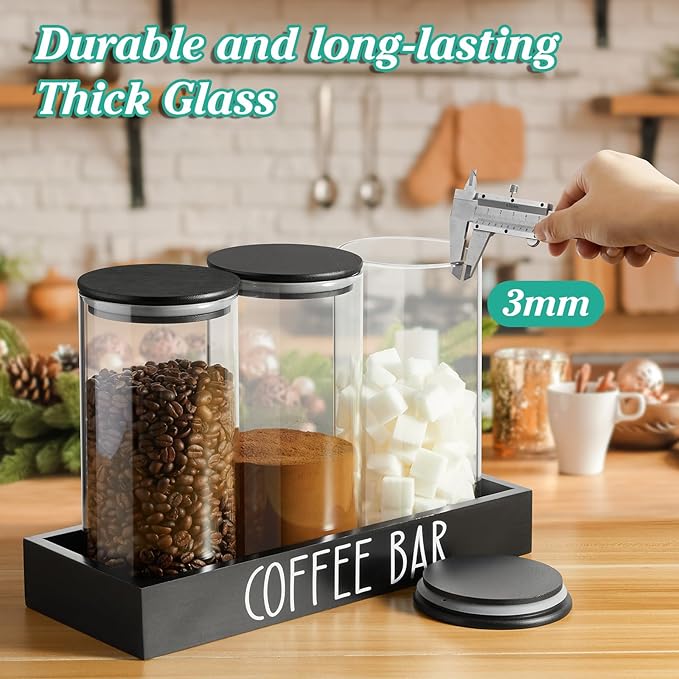 Glass Coffee Canister for Ground Coffee - 3Pcs 45oz Coffee and Sugar Container Set with Airtight Bamboo Lids and Black Tray - Farmhouse Coffee Bean Storage Jars for Coffee Bar Decor and Accessories