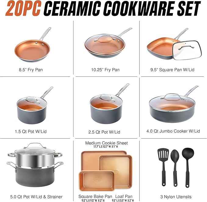 GOTHAM STEEL 20 Pc Ceramic Cookware Set, Copper Pots and Pans Set Non Stick with Bakeware, Cooking Utensils, and Steamer, Oven and Dishwasher Safe
