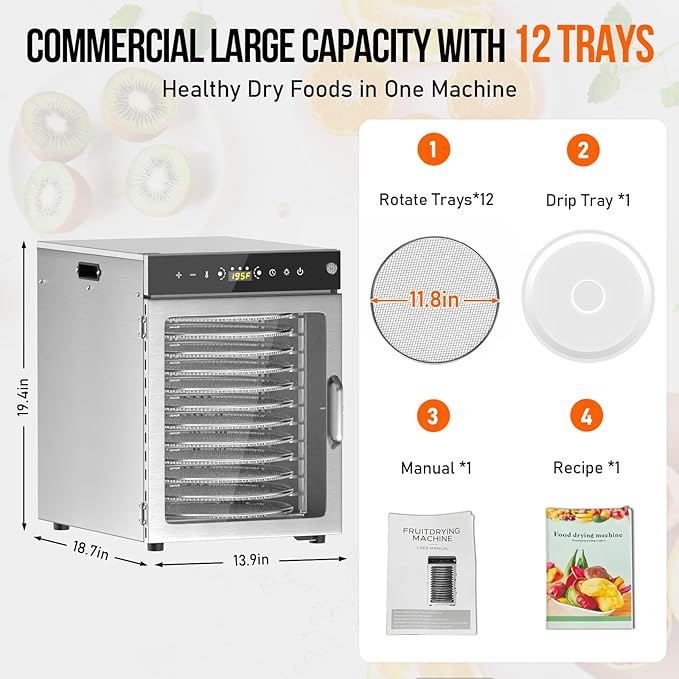 Food Dehydrator 12 Trays - 360° Rotary Meat Dehydrator for Jerky with 194°F Temp & 24H Time Control, 800W Even Heating Food Dryer Machine for Herbs, Fruit, Meat, Yogurt, Silver