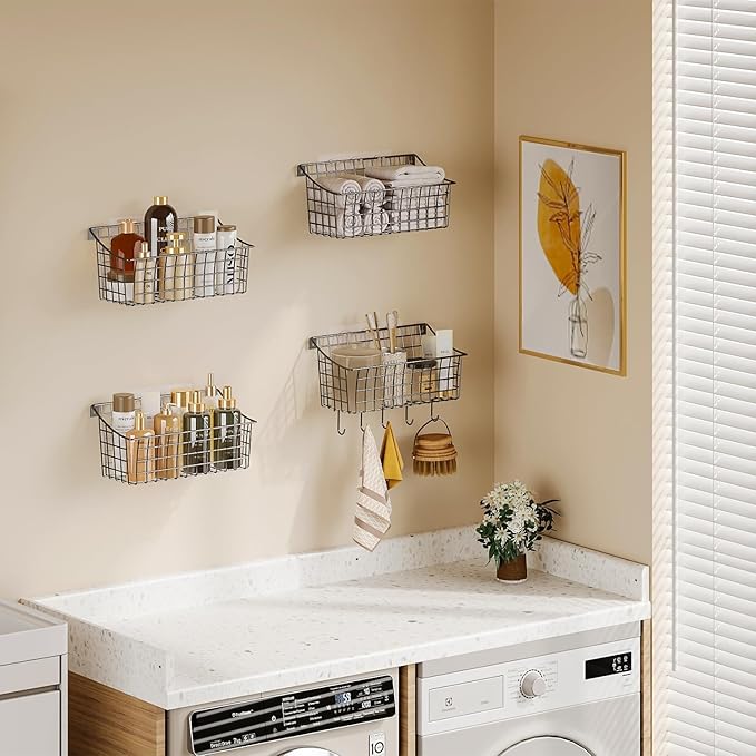 Sonyabecca 4 Pack Hanging Wall Basket for Organizing, Large Wire Basket for Storage Pantry with 5 S Hook+4 Adhesive Hook, Wall Mounted Shelf for Kitchen Bathroom