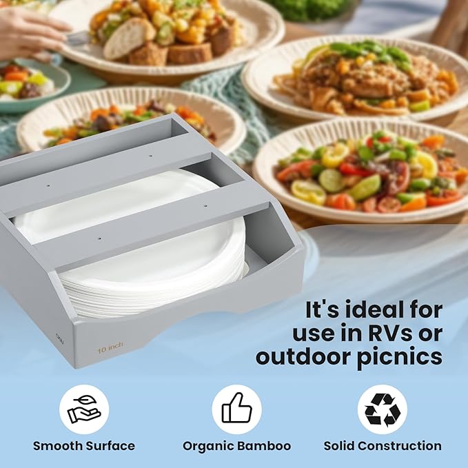 10-inch Paper Plate Dispenser Under Cabinet, Bamboo Paper Plate Holders, Kitchen Counter Vertical Plate Dispensers Holders Countertop Caddy (For 10-inch Plates,Gray)