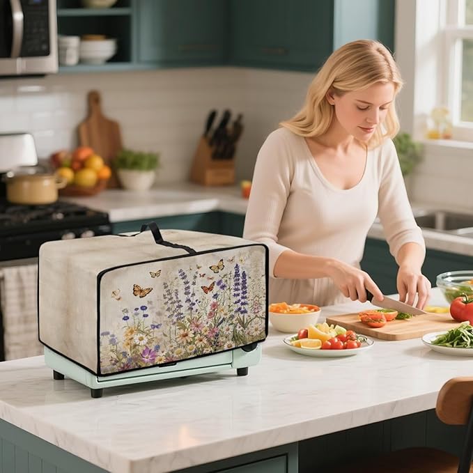 Toaster Oven Cover Washable Small Kitchen Appliance Dust Cover with Pockets, for Air Fryer Toaster Ovens, Microwaves, S, 14.5 x 18.5 x 9 Inches, Retro Floral Butterfly Print