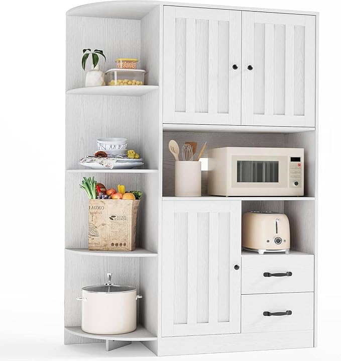 Gizoon 60.4" Pantry Cabinet with Coffee Bar, Tall Kitchen Pantry Storage Cabinet with Microwave Stand and 2 Drawers, Farmhouse Hutch with 4 Open Tiers for Dining Room and Kitchen Organization, White