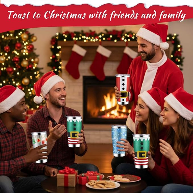 Sieral 4 Pack Christmas Glitter Tumbler Set 20oz Stainless Steel and Double Wall Insulated Travel Coffee Mug with Lid Straws and Brushes for Christmas Gift Friends