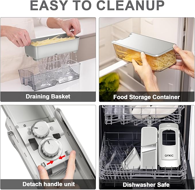 QYKIC 2026 Upgrade Safe Mandoline Slicer,Vegetable Chopper,Potato Slicer, Onion Chopper with Drain Basket Storage Container, Cheese Grater Kitchen Chopping Artifact (SliverGray)