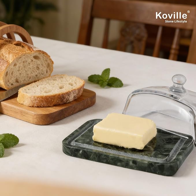 Koville Green Marble Butter Dish with Glass Lid for Countertop and Refrigerator Door Shelf, Green Marble Butter Keeper, Stone Butter Dish with Lid, Airtight Butter Keeper Container, Dishwasher Safe