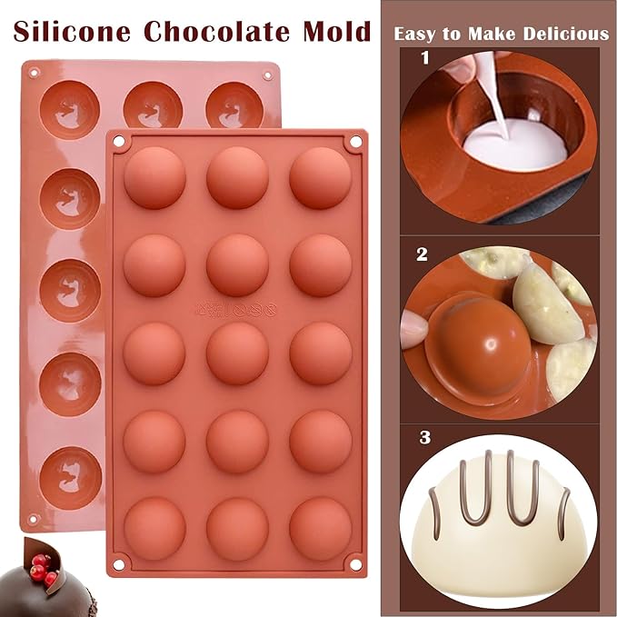 2 Pcs Chocolate Molds, 15-Cavity Semi-Sphere Non-Stick Silicone Chocolate Mold, Small Baking Baking Molds for Making Chocolate, Cake, Jelly, Mousse, Ideal Homemade Food Grade BPA Free Silicone Mold