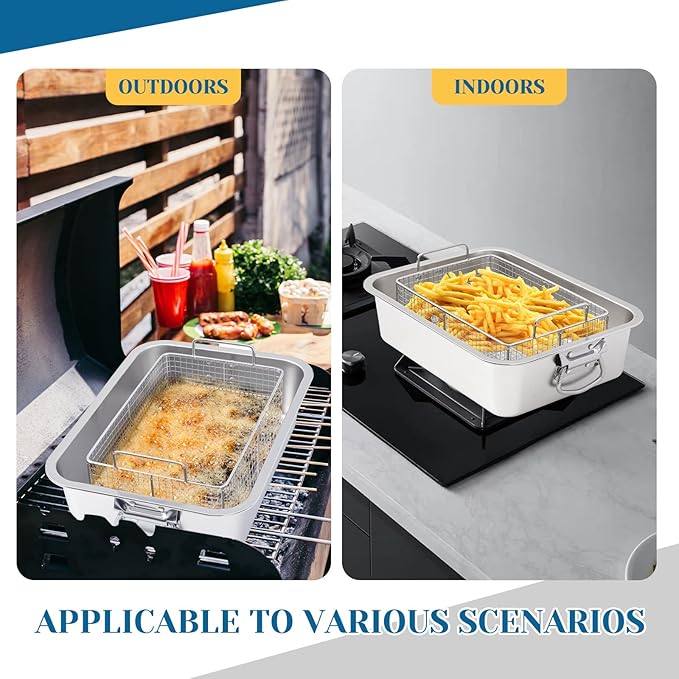 Teenyyou 10 Qt Stove Top Deep Fryer with Basket 304 Stainless Steel Deep Fryer Pan Chicken Frying Pot with Thermometer for Outdoor Kitchen Cooking French Fries Fish
