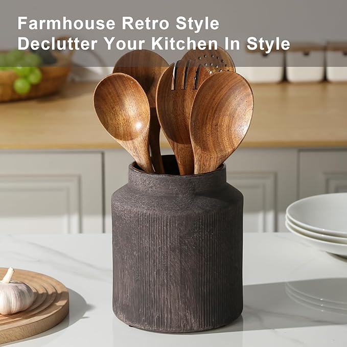 Farmhouse Ceramic Farmhouse Kitchen Utensil Holder for Countertop, Rustic Cooking Utensil Holder Crock Fit for Kitchen Counter. 6.1 x 6.1 x 7 IN