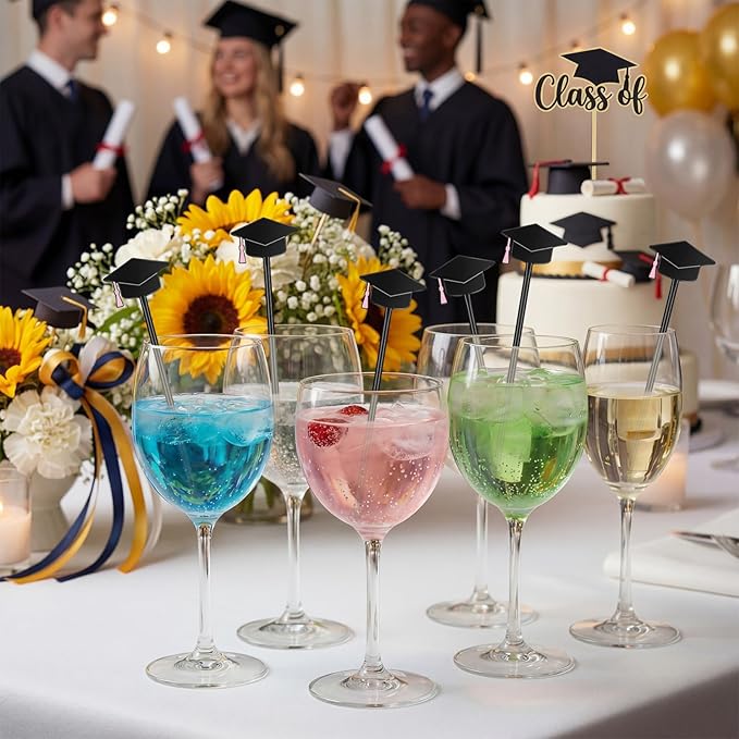 SiliFine 30 Pcs Graduation Cap Drink Stirrers Graduation Stir Sticks Coffee Stirrers Cocktail Mixers Plastic Swizzle Sticks Hot Cocoa Bar Supplies for Party Bar Coffee Tea Favors (Pink)