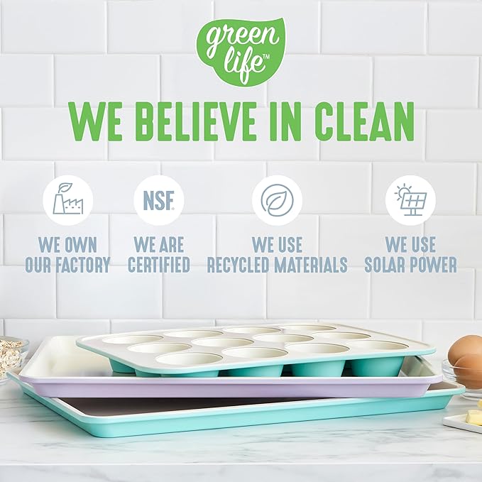 GreenLife 12-Cup Muffin Pan, PFAS-Free Healthy Nonstick Baking Tray, 11.4" x 1.9" x 15.9", Durable Ceramic Bakeware, Cupcakes, Egg Bites, Tarts, Brownies, Blue Haze