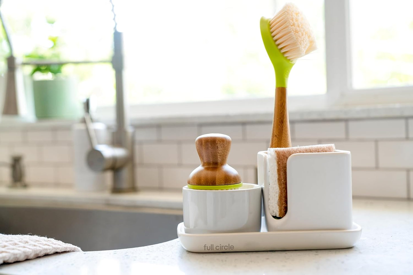 Full Circle Stash, Ceramic Kitchen Sink Caddy, Stylish Modular Sponge Holder & Dish Brush Organizer, Green and White, 11"
