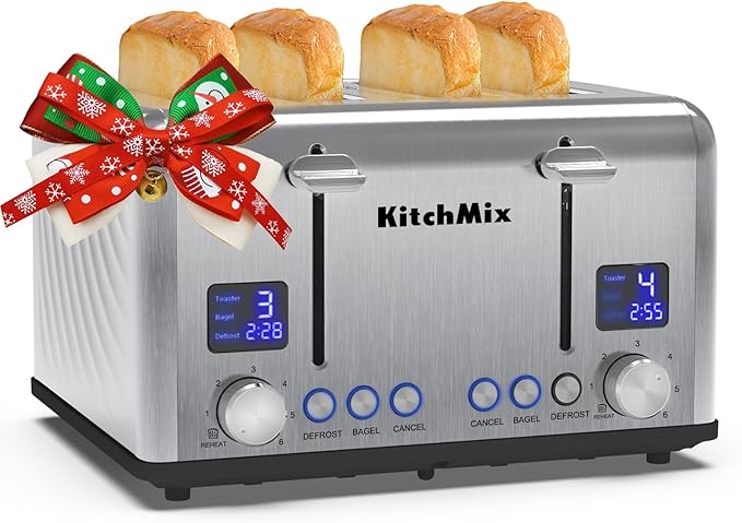 Toaster 4 Slice, KitchMix Bagel Stainless Toaster with LCD Timer, Extra Wide Slots, Dual Screen, Removal Crumb Tray (Stinless steel)