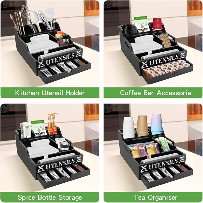 Large Kitchen Utensil Holder with Drawer Organizer, Bamboo Silverware Organizer for Countertop, Cutlery Tray with Dividers for Flatware Spoon Forks Knives Cooking Tool (Black)