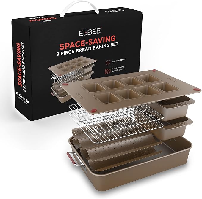 Elbee Home 8-Piece Nonstick Space Saving Bread Baking Pan Set - Includes Large Roasting Pan - Bread Loaf Pan - Baguette Pan - Cooling Rack - 8-Cavity Mini Loaf Pan Aluminized Steel - PFOA & PFOS Free