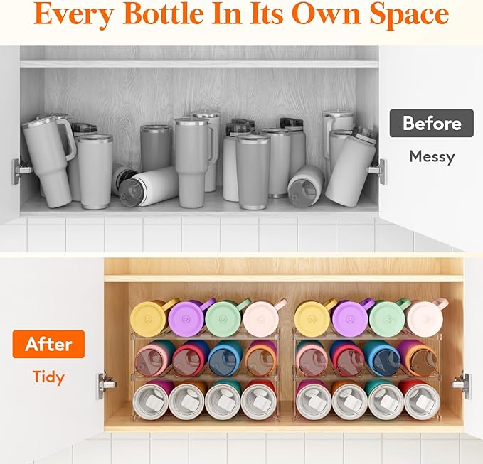 Lifewit Stackable Bottle Storage Organizer, Clear Freestanding Wine Holder for Cabinet, Large Slot Water Bottle Tumbler Cup Organizer for Pantry, Plastic Wine Rack for Fridge Cellar, 3Tier Hold 12