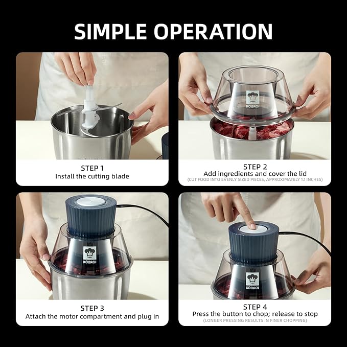KOBACH Electric Food Processor & Meat Grinder – 1.9 Qt Food Chopper with Pure Copper Motor, Dual-Layer Blades, Procesador de Alimentos Electrico