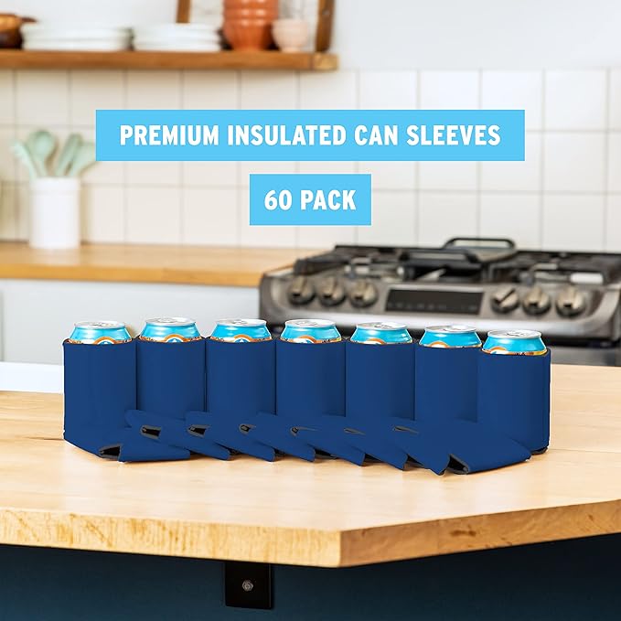 Blank Beer Can Cooler Sleeves (60-Pack) Soft Insulated Beer Can Coolies - HTV Friendly Blank Koolies in Bulk for Beer Cans & Bottles - Coolie Blanks for Vinyl Projects & Wedding Favors (Royal Blue)
