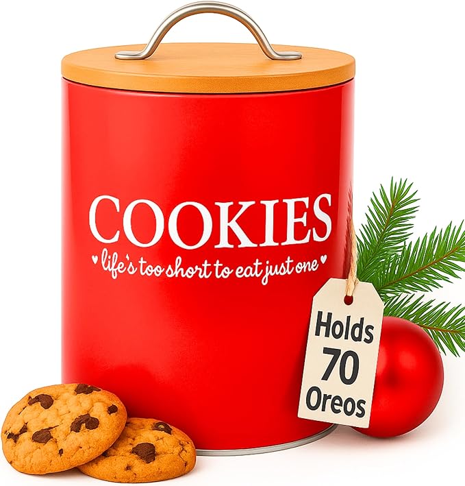 D'Lifeful Farmhouse Airtight Cookie Jar with Bamboo Lid - Kitchen Counter Storage Container for Cookies or even Candy (Red, Small Size (6.5" x 5.25"))