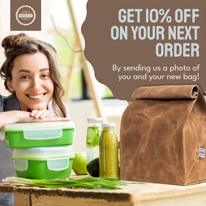ASEBBO Waxed Canvas Lunch Bag – Reusable Insulated Paper Bag-Style Lunchbox for Adults – Leakproof & Durable Sack Lunch Box for Work, Picnic & Travel – Stylish Brown Bag Cooler with Shoulder Strap