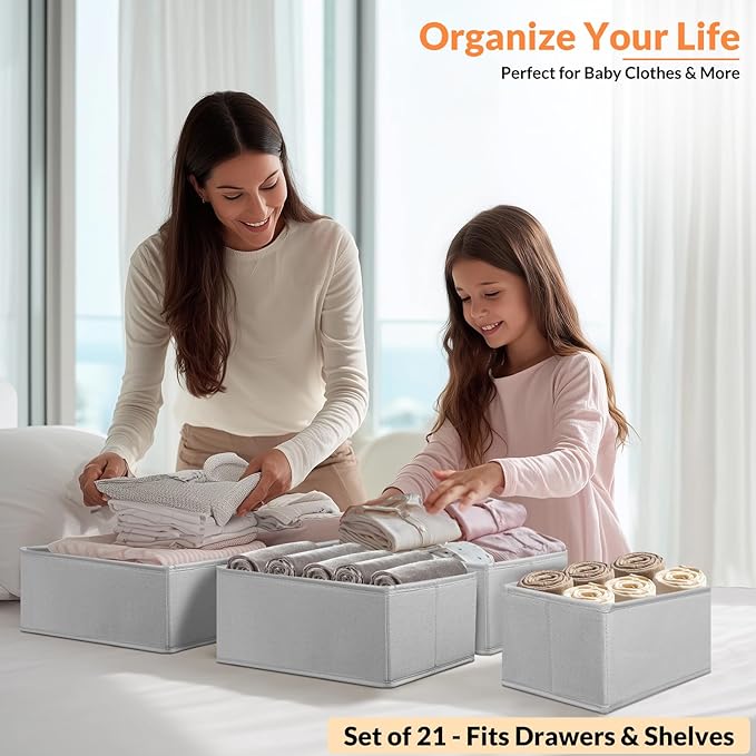 FANS-ONE Drawer Organizer Clothes, 21 Pack Dresser Organizer for Baby Clothes, Underwear, Socks, 3 Sizes Foldable Closet Organization and Storage Bins for Nursery, Bedroom (Grey)