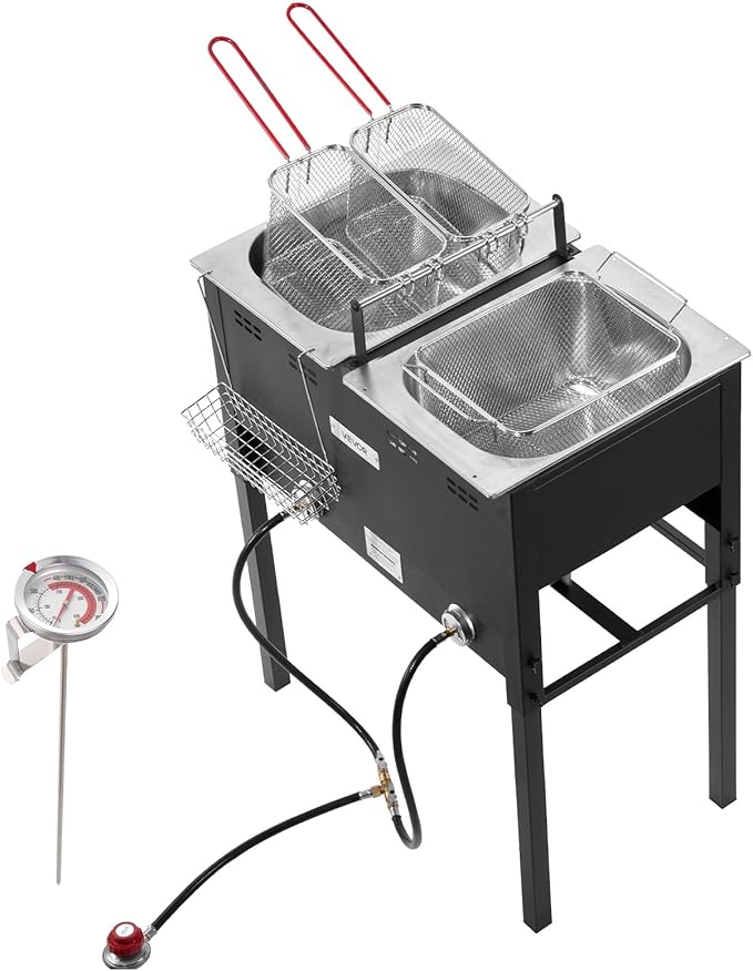 VEVOR Outdoor Propane Deep Fryer, Dual-Tank 16QTx2 Large Capacity Commercial Fryer, Stainless Steel Fish Cooker with 3 Basket, Thermometer, Floor Standing Fryers for Catering Event Camping, 50,000 BTU