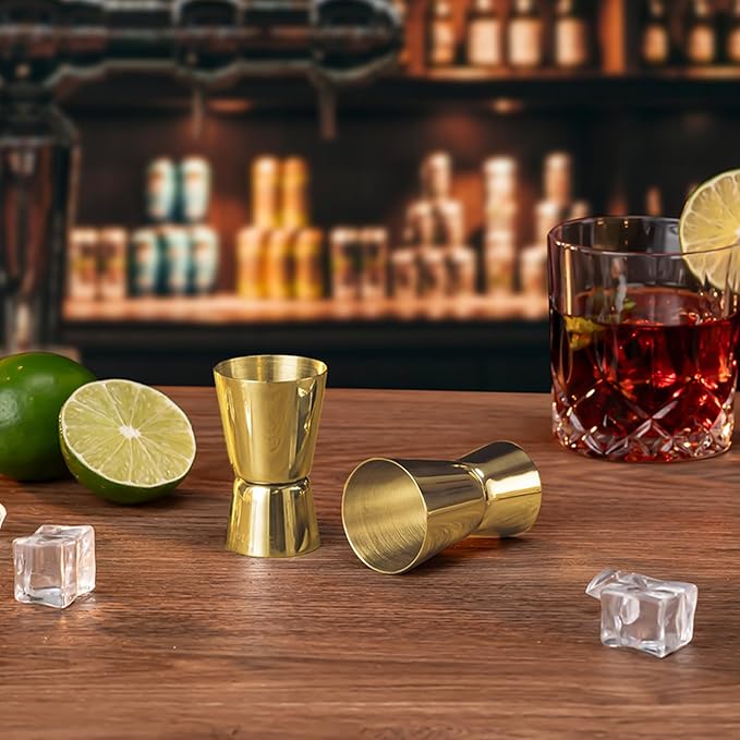 Briout Jigger for Bartending, 2 Pcs Double Cocktail Jigger Japanese Premium 304 Food Grade Stainless Steel Jigger 1 OZ 1/2 OZ, Flat Edge Gold