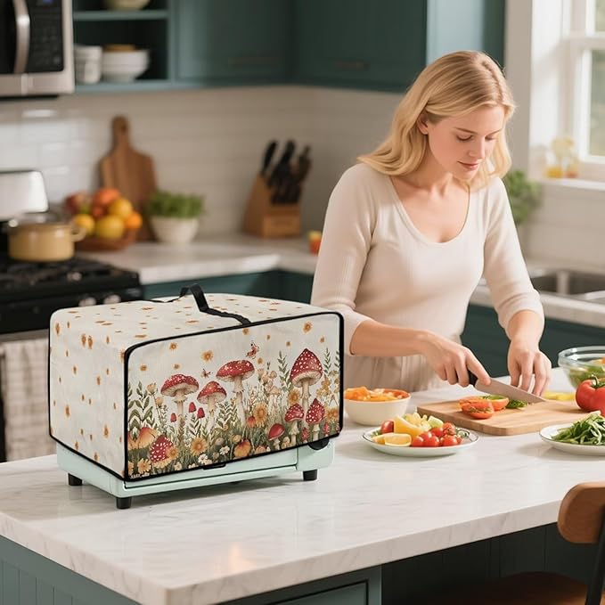 Air Fryer Toaster Oven Cover Fabric Convection Oven Cover with Pockets, Washable Small Appliance Dust Protection for Kitchen Home, M, 16.5 x 20.5 x 10 inches, Mushroom Floral
