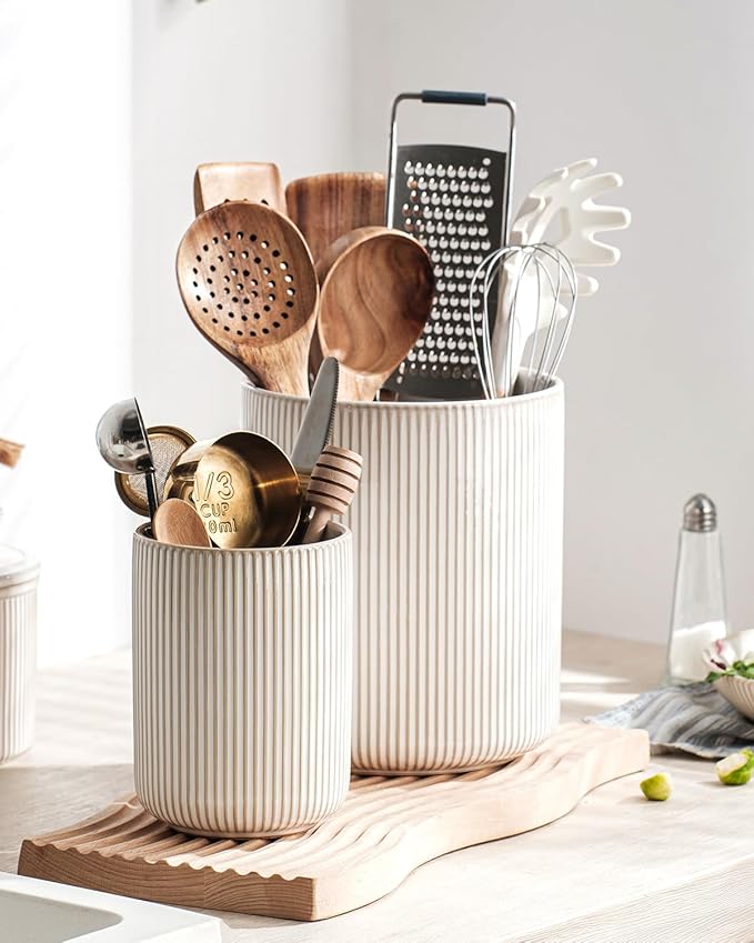 getstar Large Rotating Utensil Holder for Kitchen Counter,7.2"+5.4" Ceramic Utensils Crocks Set for Countertop Large & Small Utensil Organizer for Spatula Farmhouse Kitchen Decor