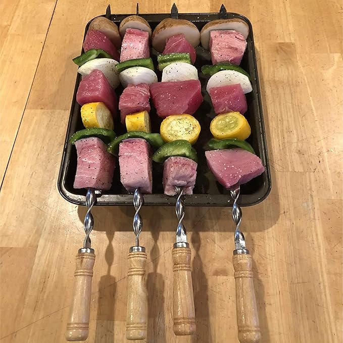 Antallcky 12 Pack Kebab Skewers 23.5 Inch BBQ Barbecue Skewers Stainless Steel Sticks Heavy Duty Large Wide Reusable with Nonslip Wooden Handle Ideal for Shish Kabob Chicken Shrimp and Vegetables