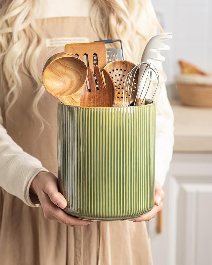 getstar Large Utensil Holder for Kitchen Counter,7.2" Vintage Ceramic Utensils Crocks Utensil Organizer for Spatula Farmhouse Kitchen Decor