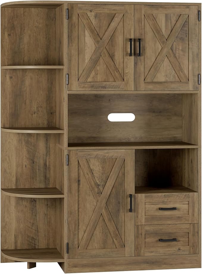 HOSTACK 60.4" Farmhouse Kitchen Pantry Storage Cabinet, Freestanding Hutch with Doors & Shelves, Buffet Sideboard with Microwave Stand, Coffee Bar with Drawers, Cupboard for Dining Room, Rustic Brown