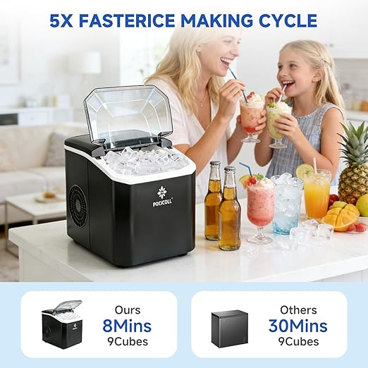 Countertop Ice Maker Machine, 26lbs in 24Hrs, 9 Ice Cubes Ready in 8 Mins, Auto-Cleaning Portable Ice Maker with Basket and Scoop, for Home/Kitchen/Camping/RV (Black)