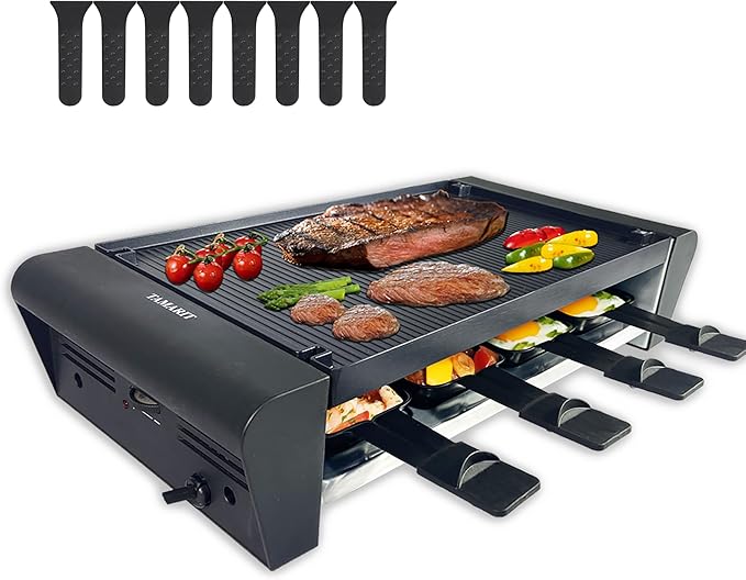 TAMARIT Raclette Table Grill for 8, 2 in 1 Small Swiss Style PFAS-No Nonstick Reversible Grill/Griddle Plate Adjustable Temperature Control 1300 W, 8 Raclette Cheese Pans Black