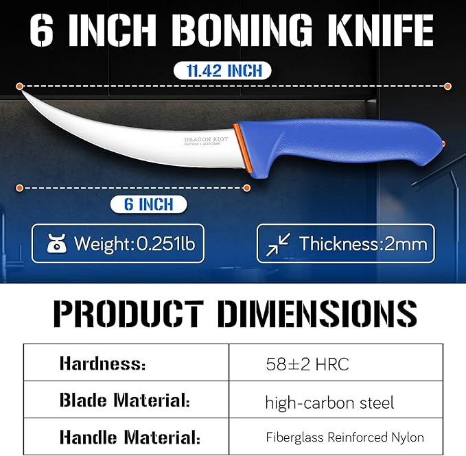 DRAGON RIOT Boning Knife 6 Inch,Ultra Sharp German Stainless Steel,Professional Meat Trimming Knife with Ergonomic Anti-Slip Handle,Ideal for Butchering, Trimming, Fish, Poultry