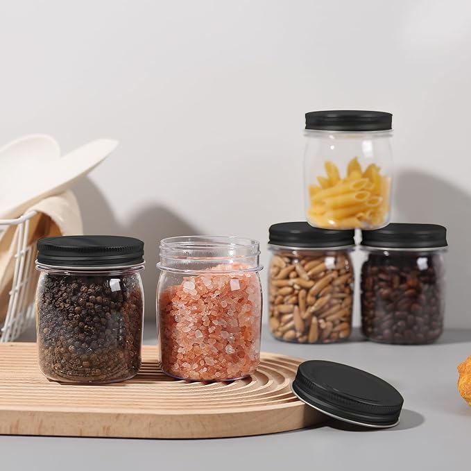 novelinks 8 oz Clear Plastic Jars with Airtight Lids, 24 Pack Plastic Mason Jars with Lids 8oz, Refillable Storage Slime Containers & Small Spice Jar for Kitchen Organization (24 Pack,Black)