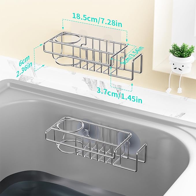 HapiRm Sink Caddy Sponge Holder - No Drill Sponge Caddy for Kitchen, Rustproof and Waterproof Kitchen Sink Organizer - Silver(2-Pack)