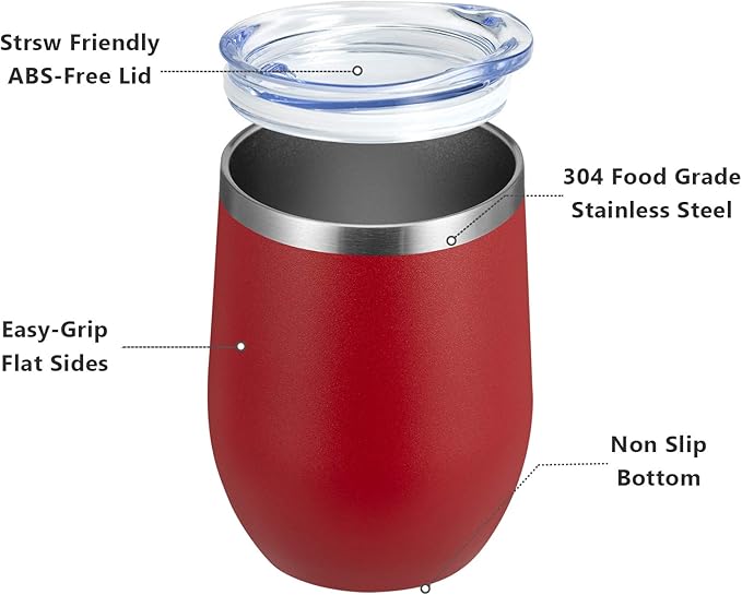 MEWAY 12oz/4 Pack Wine Tumbler Glasses with Lid - Stemless Double Wall Vacuum Stainless Steel Travel Tumbler - Keeping Cold & Hot for Wine,Coffee,Cocktails,Drinks-Family and Gifts (Red,Set of 4)