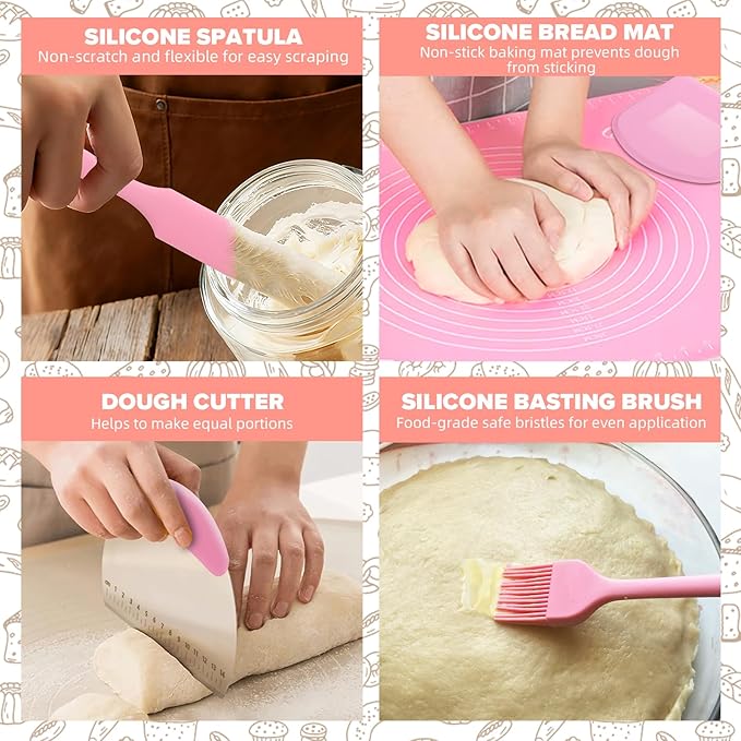 RYTOXILO Sourdough Starter Kit, 15 Pcs Sour Dough Bread Baking Supplies for Beginners with 24 Oz Glass Starter Jar, Complete Bread Making Set with Silicone Banneton Proofing Basket, Baking Accessory